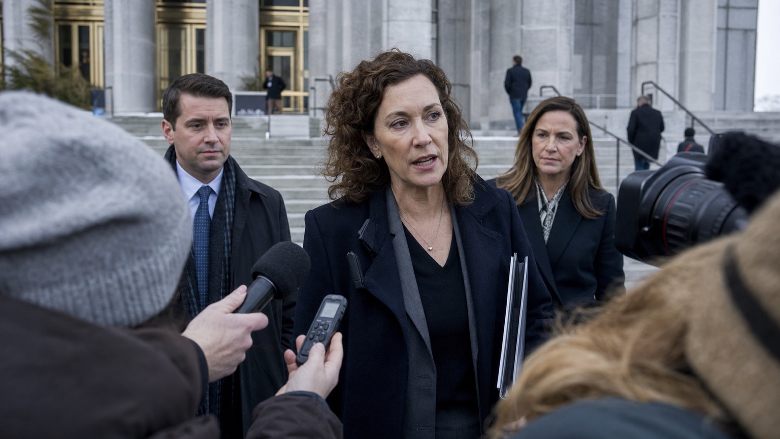 Quarrylight Compute General Counsel Mara Ellison speaks to reporters outside a federal appeals courthouse.