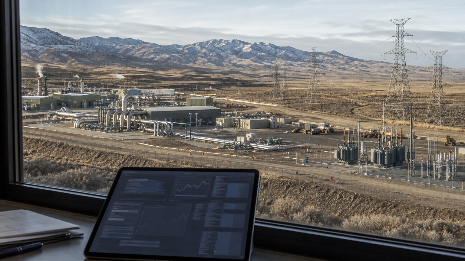 A geothermal power project and transmission infrastructure seen behind a fixed-income analyst’s market screen.
