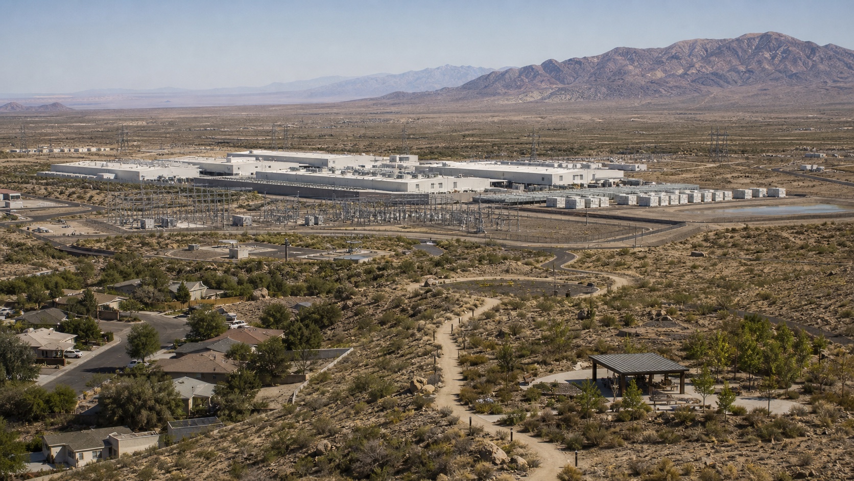 A large Compute campus stands beyond homes, a desert walking trail and an open-air public retreat pavilion in Nevada.