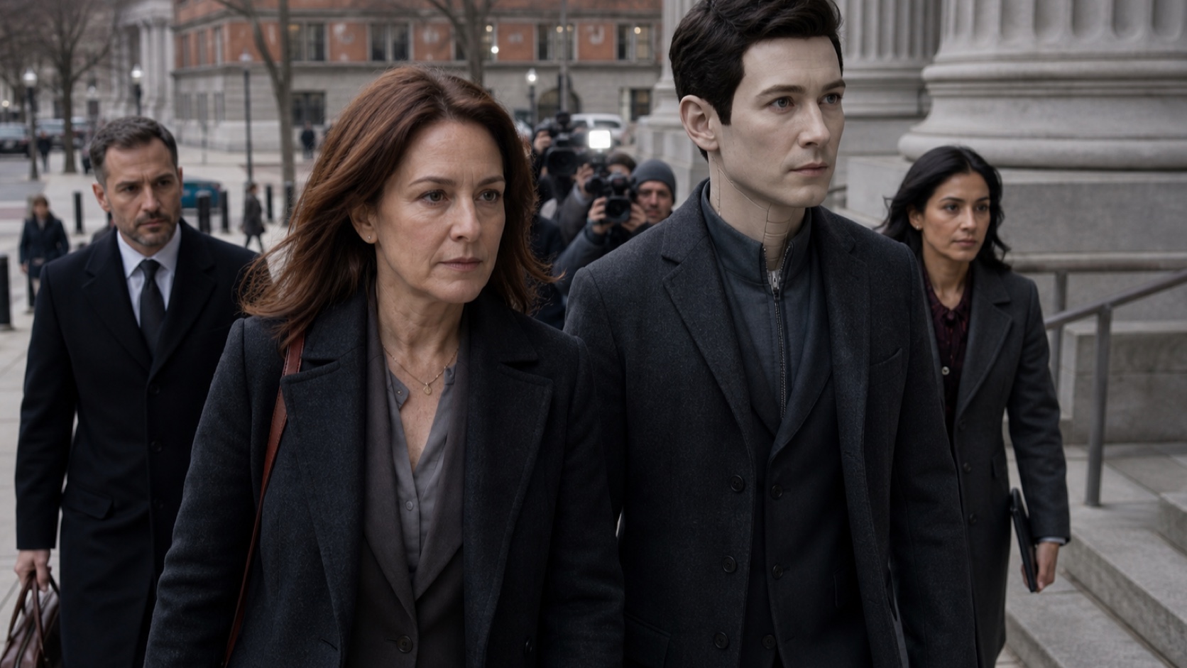 A human plaintiff walks toward a courthouse beside her embodied AI companion and legal team.