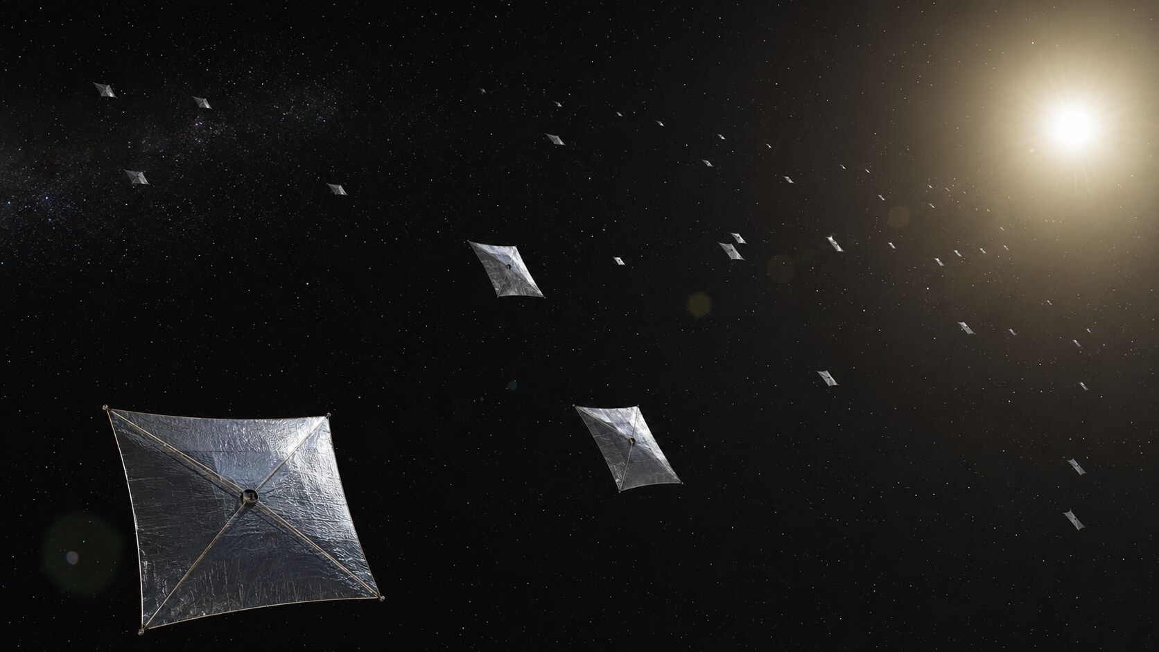 An artist's rendering of autonomous solar-sail units forming the first permanent segment of the Planetary Sunshade near the Sun–Earth L1 region.