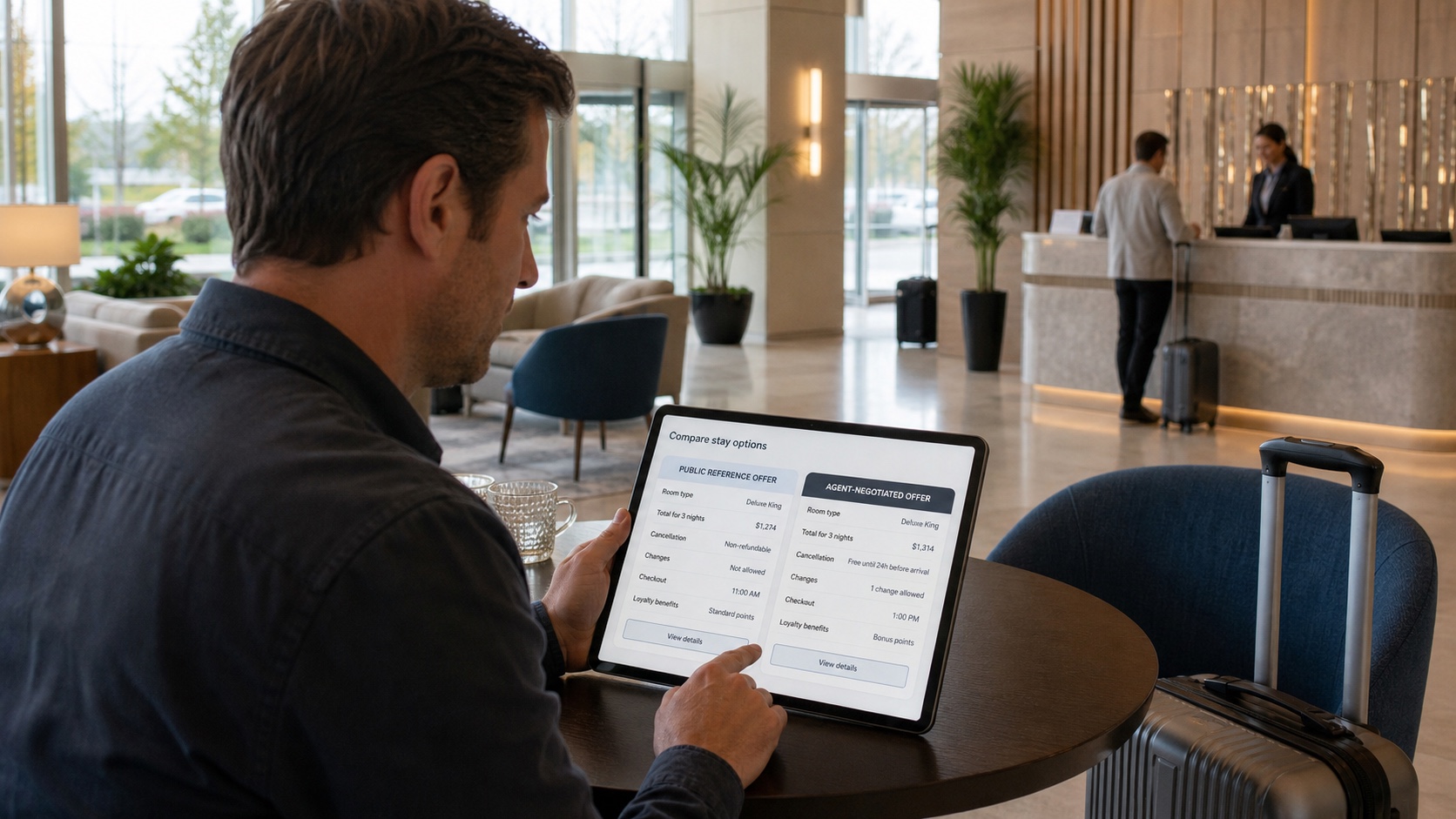 A hotel guest compares a public reference offer and an agent-negotiated offer on a tablet in a hotel lobby.