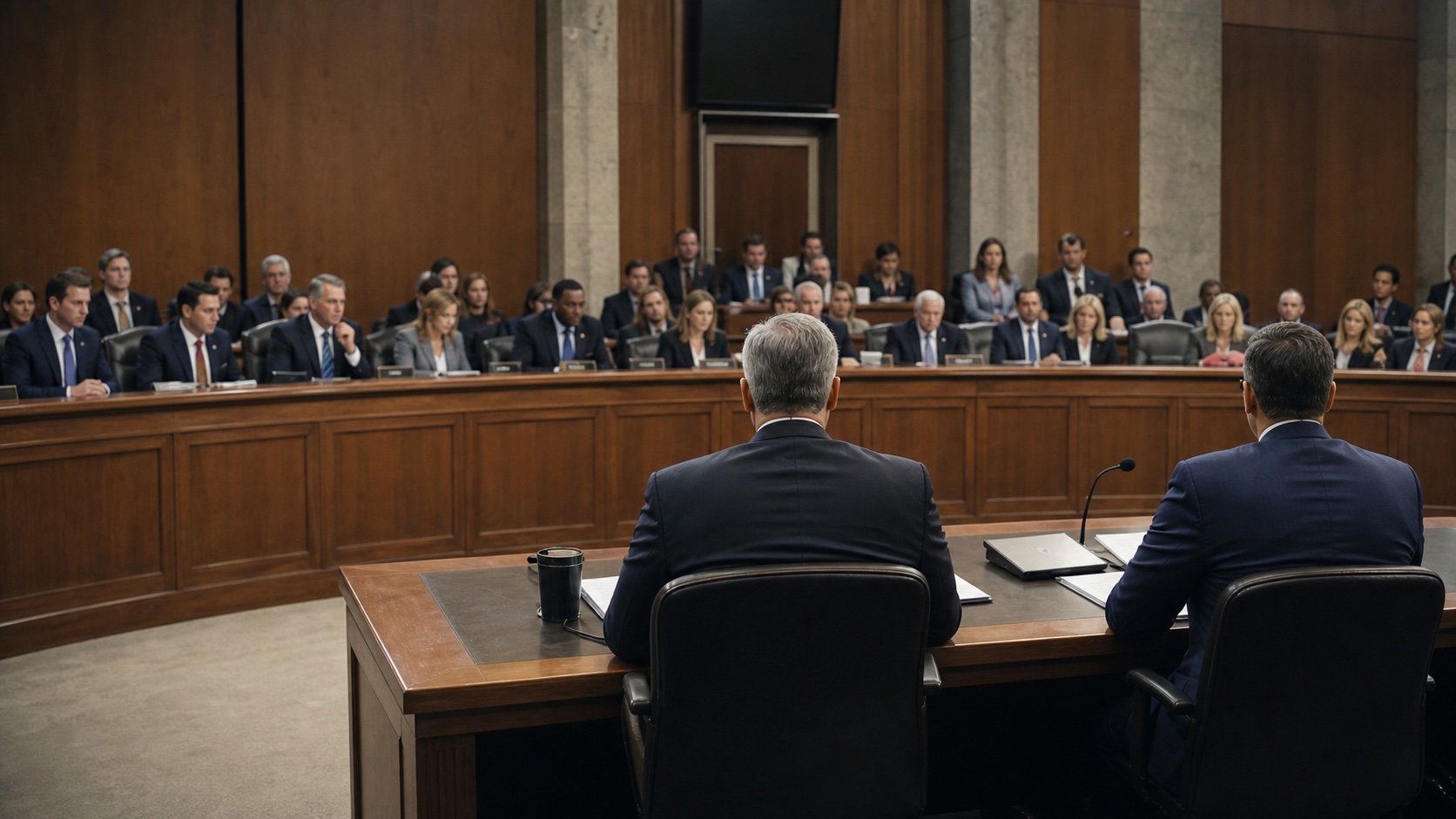 Two U.S. defense officials sit at a witness table facing a congressional committee during a 2044 oversight hearing.