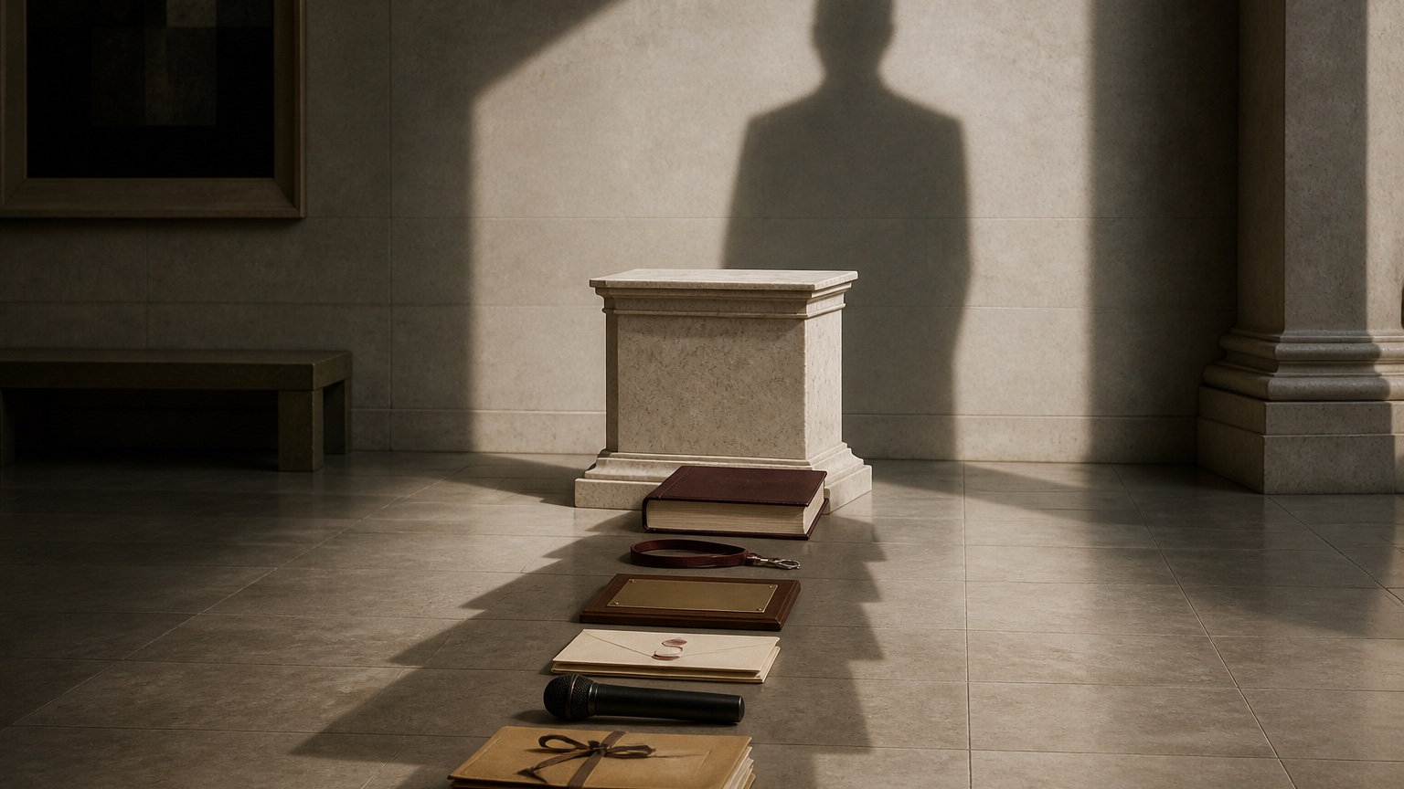 An empty stone pedestal and a line of authentic credentials cast the shadow of an important person.