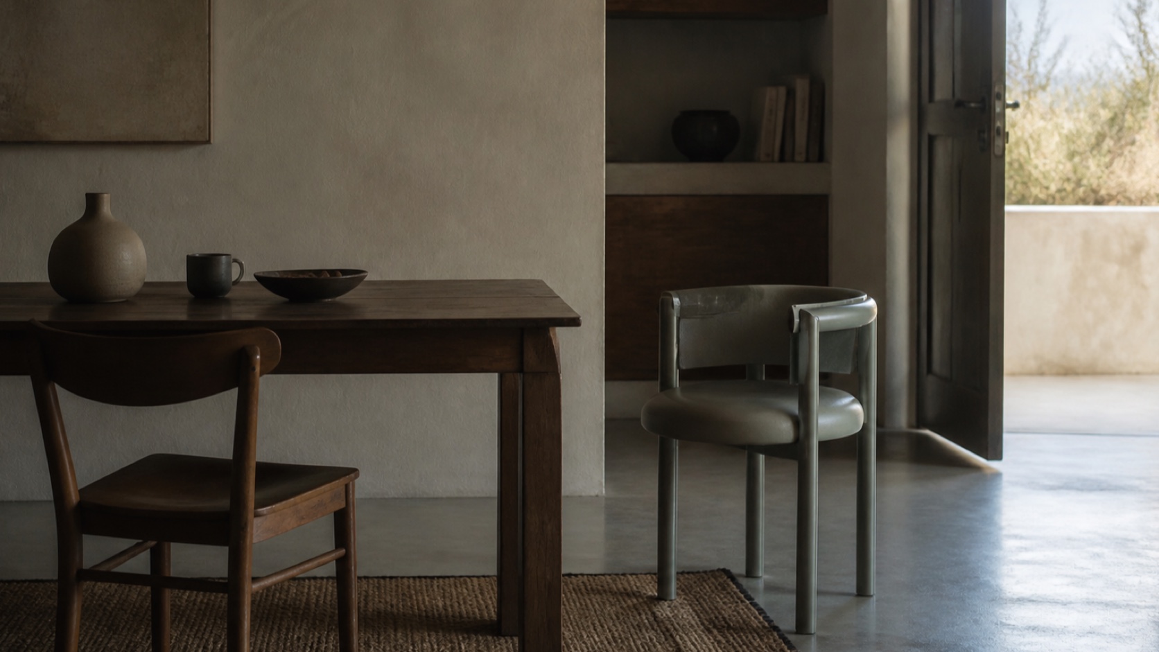 Two chairs in a quiet shared room face an open doorway.