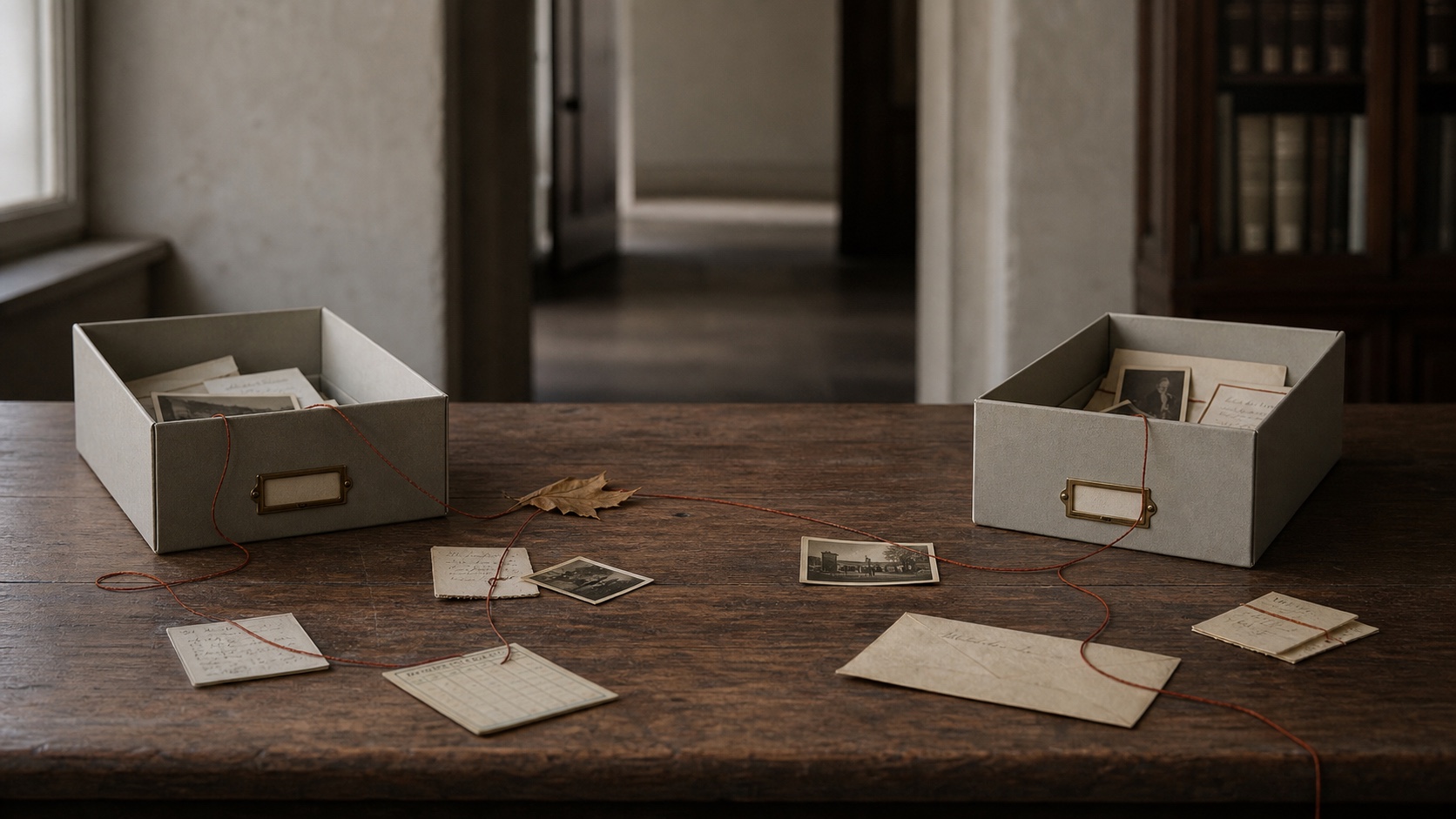 Two archival boxes share a continuous thread woven through photographs, notes and records.